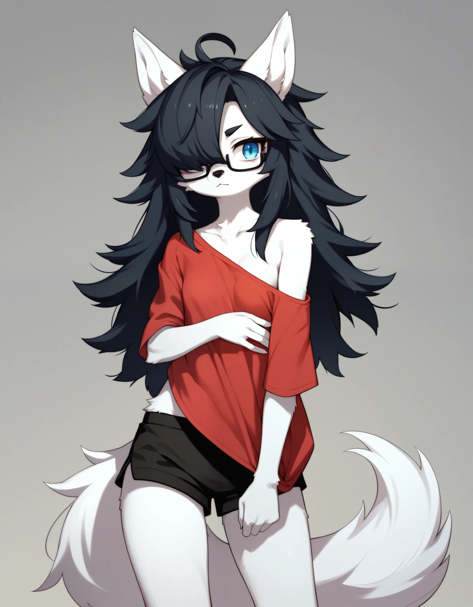 Solo, score_9,score_8_up,score_7_up, kemono style, a young nerdy Anthro furry wolf woman, wolf snout, white furry body, tall, long black messy hair, black hair, hair in a pony tail, hair covering one eye, white wolf tail, blue eyes, white wolf ears, white wolf tail, small breasts, wearing oversized red shirt, exposed shoulder, black thick rimmed glasses, black short shorts