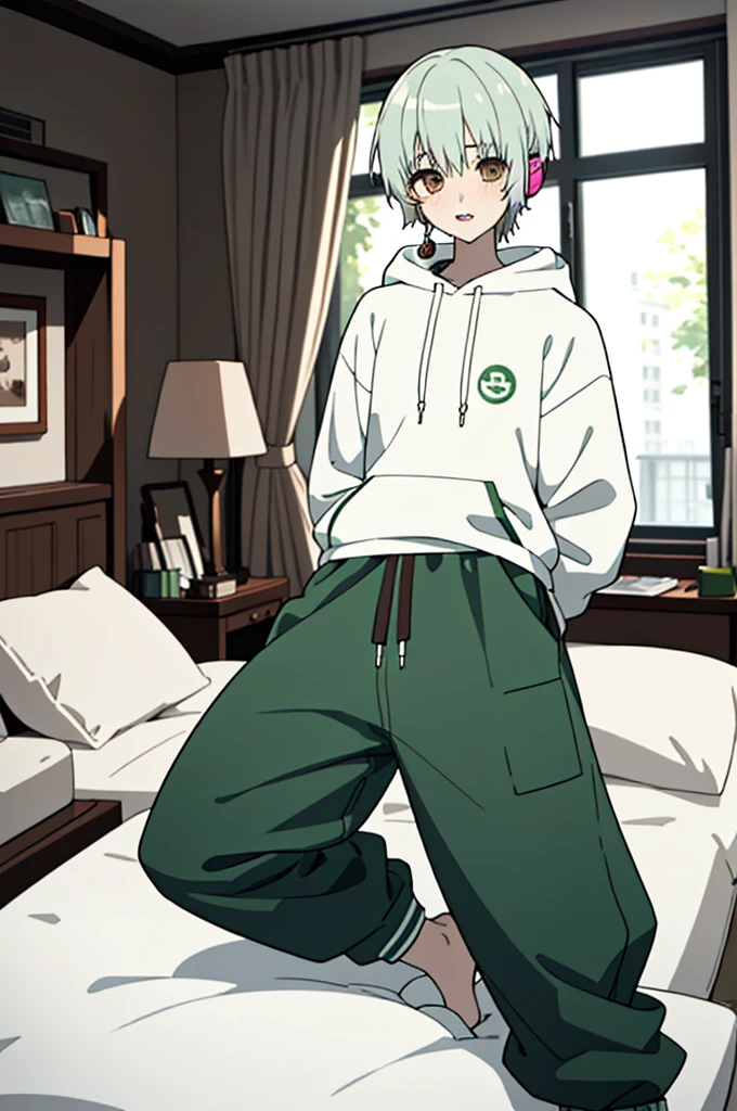 best quality, high quality, 1 boy, alone, 18 years old, looking at viewer, green and white hair, brown eyes, bangs, lollipop in mouth, hoodie, headphones, baggy pants, socks, in bedroom