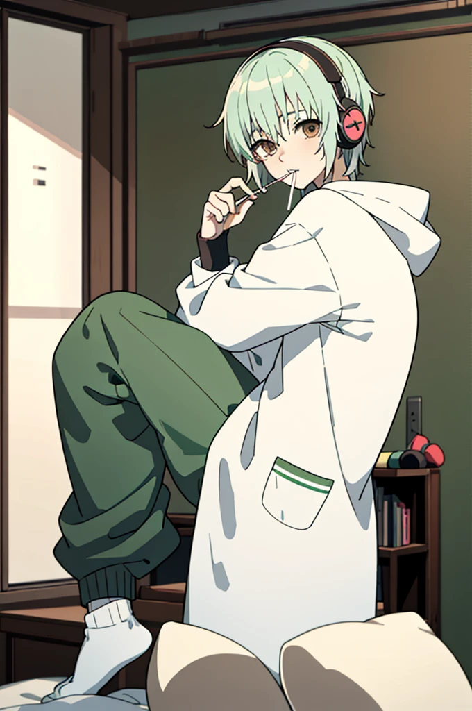 best quality, high quality, 1 boy, alone, 18 years old, looking at viewer, green and white hair, brown eyes, bangs, lollipop in mouth, hoodie, headphones, baggy pants, socks, in bedroom