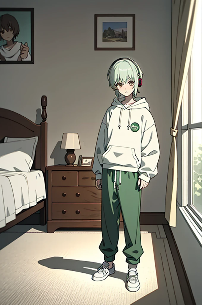 best quality, high quality, 1 boy, alone, 18 years old, looking at viewer, green and white hair, brown eyes, bangs, lollipop in mouth, hoodie, headphones, baggy pants, socks, in bedroom