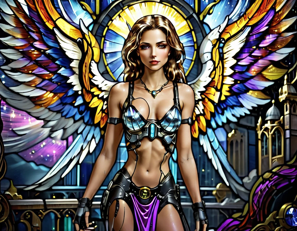 Arafed a ((stained glass artwork picture:1.5)) stained-glass, of a (mech cyberpunk female angel: 1.2) standing in at the street at night near her sports car, night, an exquisite beautiful cyberpunk female angel wearing dark dress, wearing ((intricate mech glamour purple evening dress: 1.3)), dress has miniscule mech parts, high tech parts, (white angelic wings: 1.2), spread angelic wings, halo over the head, small cleavage, wearing intricate diamond necklace, wearing elegant high heeled boots, dynamic eye color, dynamic hair color, dynamic hair style, standing near her (sports car: 1.3), cyberpunk street t background at night, moon light and stars, , full body shot, (Masterpiece: 1.5), Vibrant, Ultra-high resolution, High Contrast, masterpiece:1.2, highest quality, Best aesthetics), best details, best quality, highres, ultra wide angle, 16k, [ultra detailed], masterpiece, best quality, (extremely detailed), Mechanicus, intense gaze, stained-glass