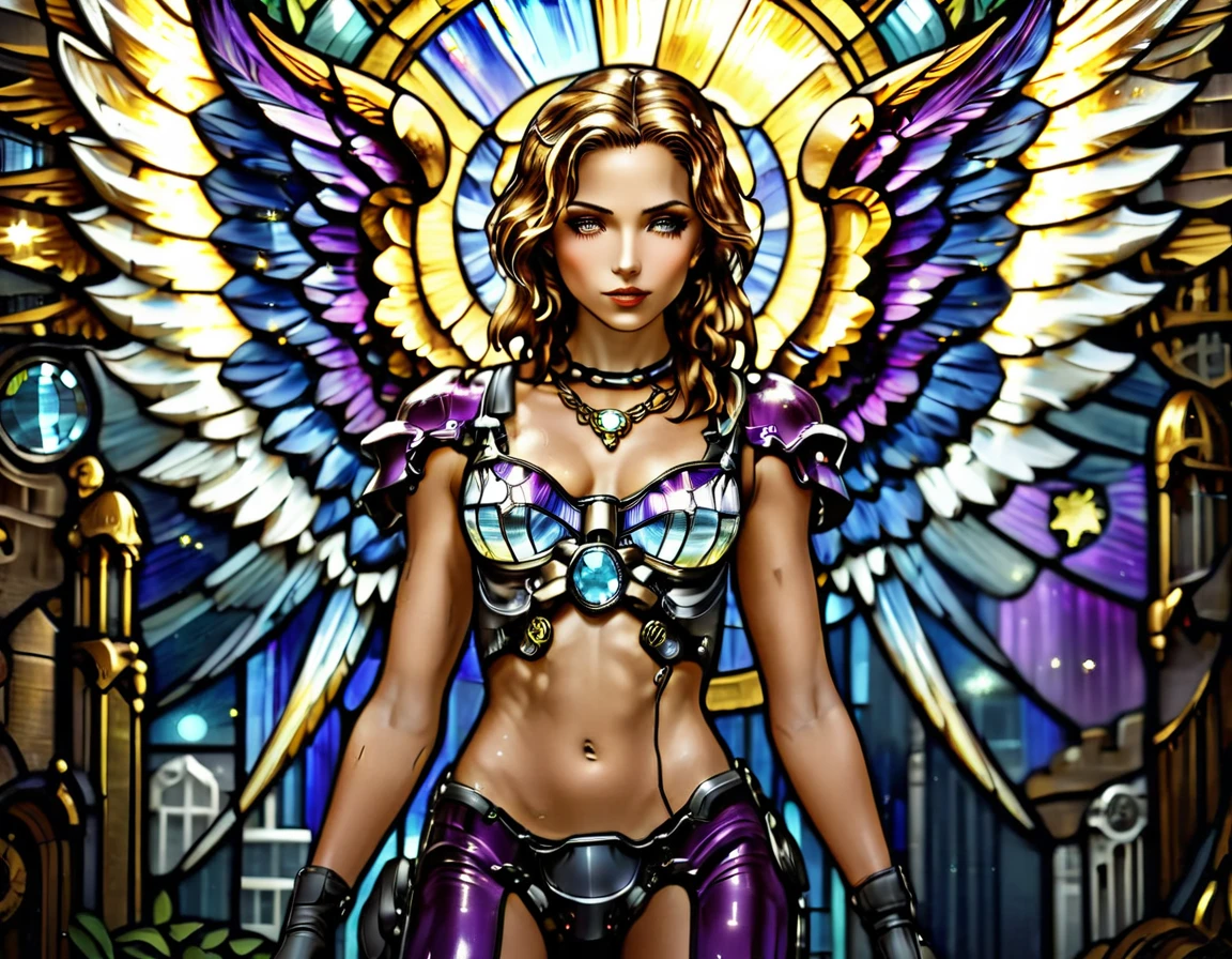 Arafed a ((stained glass artwork picture:1.5)) stained-glass, of a (mech cyberpunk female angel: 1.2) standing in at the street at night near her sports car, night, an exquisite beautiful cyberpunk female angel wearing dark dress, wearing ((intricate mech glamour purple evening dress: 1.3)), dress has miniscule mech parts, high tech parts, (white angelic wings: 1.2), spread angelic wings, halo over the head, small cleavage, wearing intricate diamond necklace, wearing elegant high heeled boots, dynamic eye color, dynamic hair color, dynamic hair style, standing near her (sports car: 1.3), cyberpunk street t background at night, moon light and stars, , full body shot, (Masterpiece: 1.5), Vibrant, Ultra-high resolution, High Contrast, masterpiece:1.2, highest quality, Best aesthetics), best details, best quality, highres, ultra wide angle, 16k, [ultra detailed], masterpiece, best quality, (extremely detailed), Mechanicus, intense gaze, stained-glass