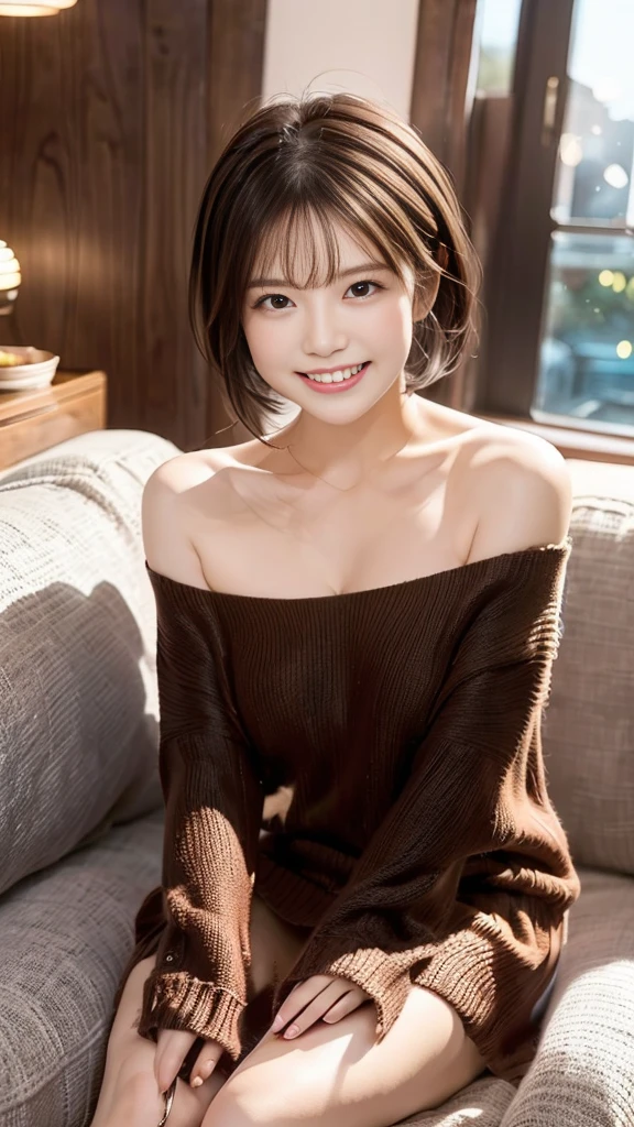 "prompt": "A woman with short black hair is sitting on a sofa, wearing a colorful off-shoulder knit that reaches her knees. She is radiating the best smile, exuding warmth and happiness. The scene is set in a cozy living room with soft lighting, highlighting her joyful expression. The knit is vibrant and detailed, adding a pop of color to the setting. The overall atmosphere is cheerful and inviting, capturing a moment of pure joy and comfort.",