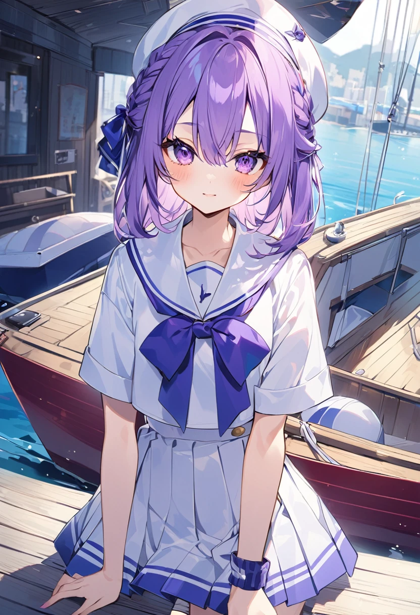 Keito。Purple Eyes。Purple Hair。Sailor suit。Boat。