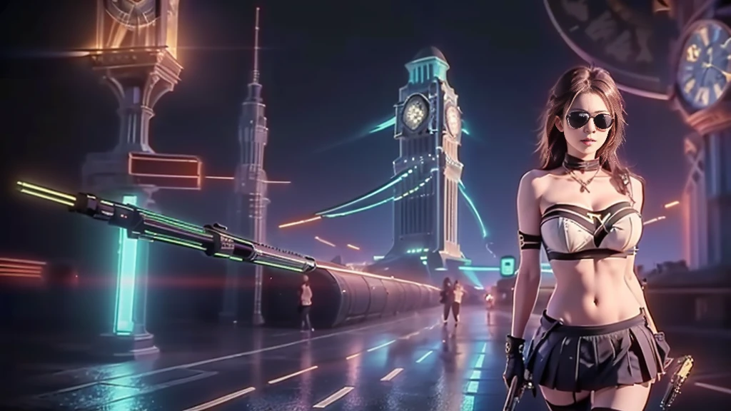 (aerial view). at night, futuristic sci-fi cyberpunk city, broad viaduct, skyscrapers at the end of the viaduct, the movie "13th Floor" style, (((((voltex-spirit-spreading giant clock tower as time machine))))), hq. Matrix style, at night, (1girl, solo), photo realistic, (large-breast:1.2 slim body, cleavage:1.3), (((tube top, extreamly short pleated (((miniskirt))) exposing panty))), (((((matrix style black sunglasses))))), (((((aiming at camera with a (short pistol)))))), (((half-body (thigh level) medium shot))), (cinematic lighting).