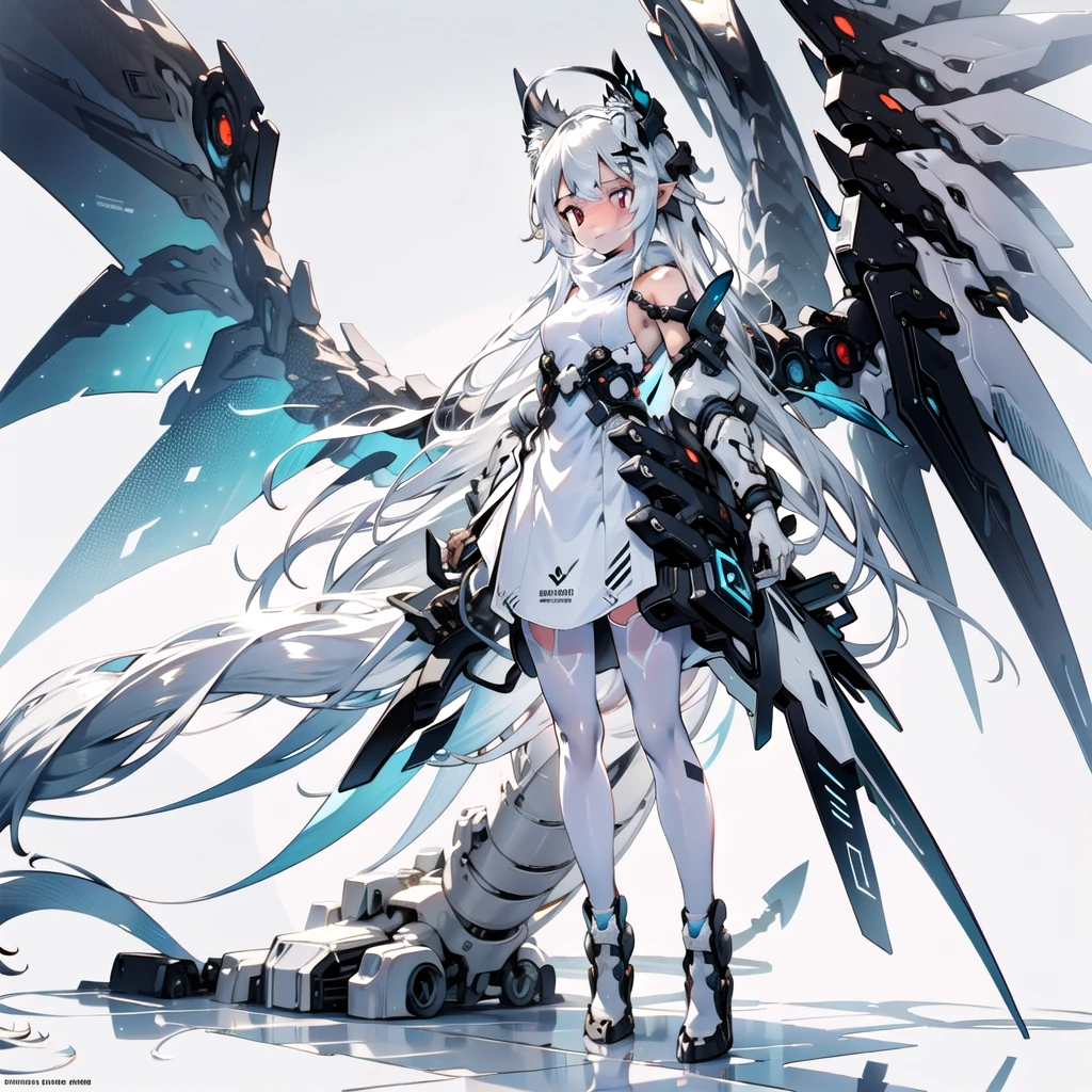 masterpiece, highest quality, highest resolution, clear_image, detailed details, White hair, long hair, cat ears, 1 girl, red eyes, white pantyhose, sci-fi dress, white scarf (white scarf around the neck with a light blue glow), gray futuristic halo (gray halo over the head), white wings (4 wings), cute, full body, no water marks, snow
