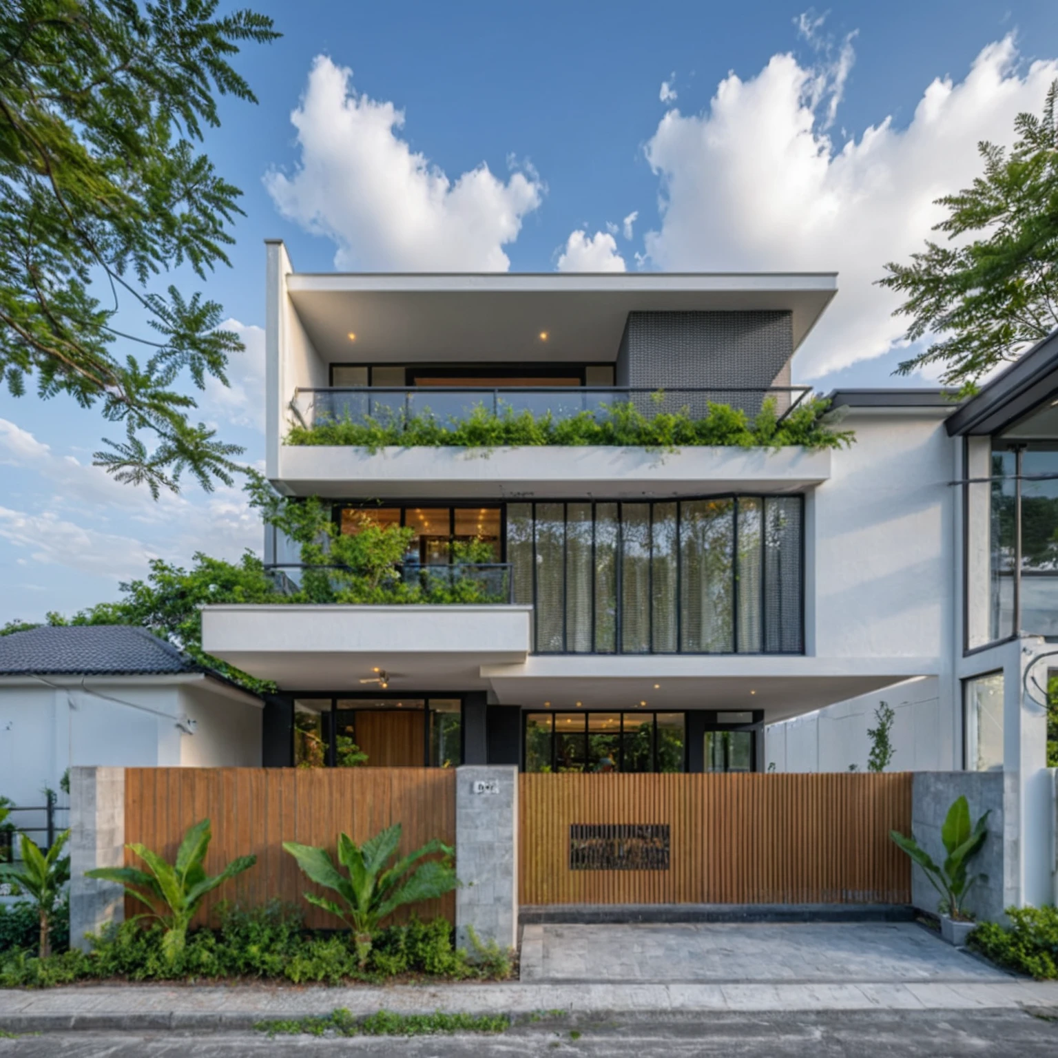 Masterpiece, high quality, best quality, authentic, super detail, outdoors, onestoreyvillaXL, aiaigroup, house style modern on the street ,stairs, white wall ,road,pavement, grass, trees, sky, cloud, (daylight:1.1)
