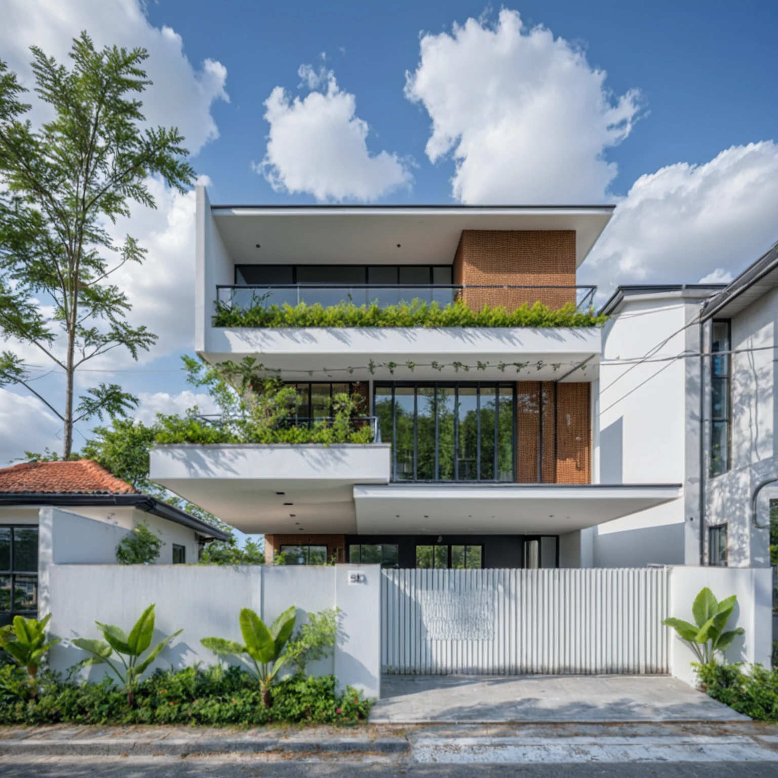 Masterpiece, high quality, best quality, authentic, super detail, outdoors, onestoreyvillaXL, aiaigroup, house style modern on the street ,stairs, white wall ,road,pavement, grass, trees, sky, cloud, (daylight:1.1)
