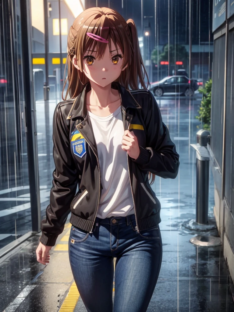 Girl, Black jacket, blue jeans pants , police station background, night, rain, small breast ,Sneakers , wet bod, In full growth