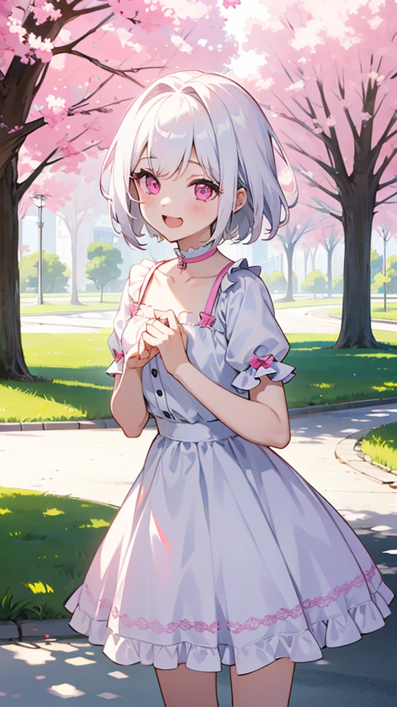 White Hair、Pink Eyes、Short Hair、Cute、One Girl、Only one girl、Daytime、Wearing a dress、at the park、laughing