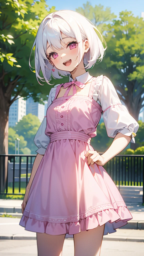 White Hair、Pink Eyes、Short Hair、Cute、One Girl、Only one girl、Daytime、Wearing a dress、at the park、laughing