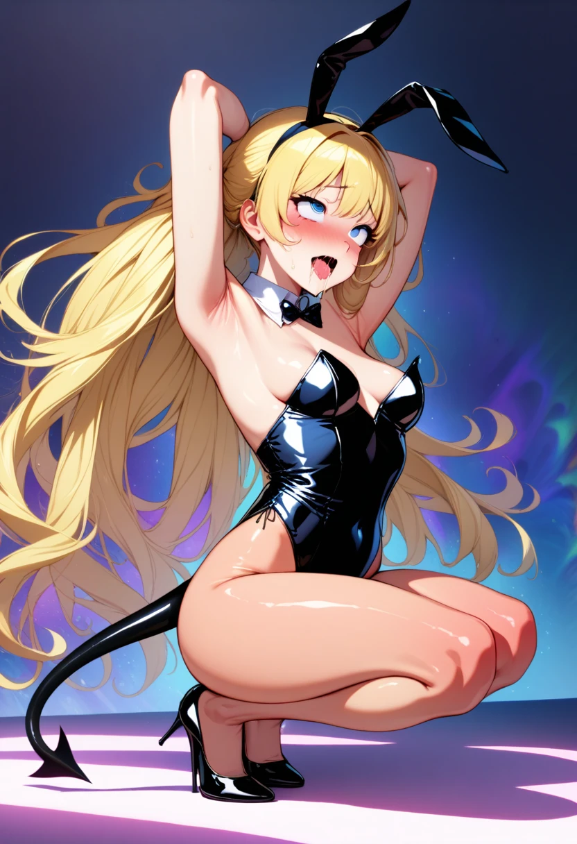 (masterpiece),(Highest quality),(Super detailed),(Best illustrations),(Best Shadow),(Absurd),(Detailed Background),(so beautiful), 16K, 8K,(Best illustrations),(Best Shadow), (so beautiful)angelabalzac, One person, alone, curby, playboy bunny, very long hair, , Blonde, blue eyes, arms behind head, squatting, , , Cyan headgear, Low twin tails, empty eyes, blank eyes, , , , , , orgasm, afterglow, erotic smile, pussy, , , , , , Sexy posture, dynamic pose, , cross-eyed, rolling eyes, , , , , , succubus tail, , , saliva trail, full-face blush, shiny skin, , , orgasm, , , arched back, , torogao, ahegao, BREAK, , Dramatic lighting, Psychedelic background, Clear liquid, Oculogyric crisis, night, Star-shaped hair fastening, , Torrent of Light, Fantasy