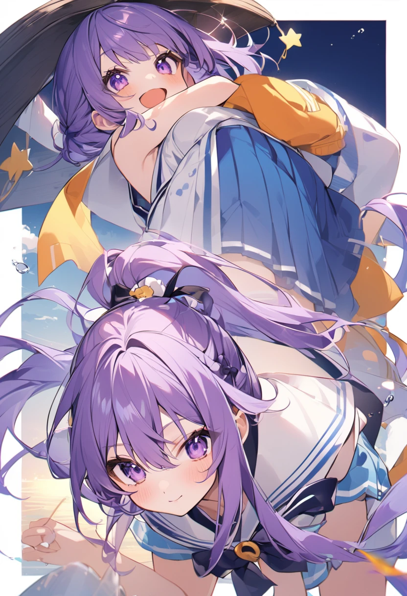 Keito。Purple Eyes。Purple Hair。Sailor suit。Boat。