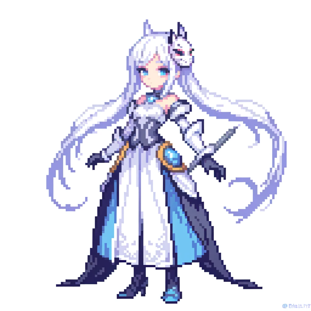 masterpiece , best quality , pixel art , 1 girl , fantasy clothes , full body , white background , mask