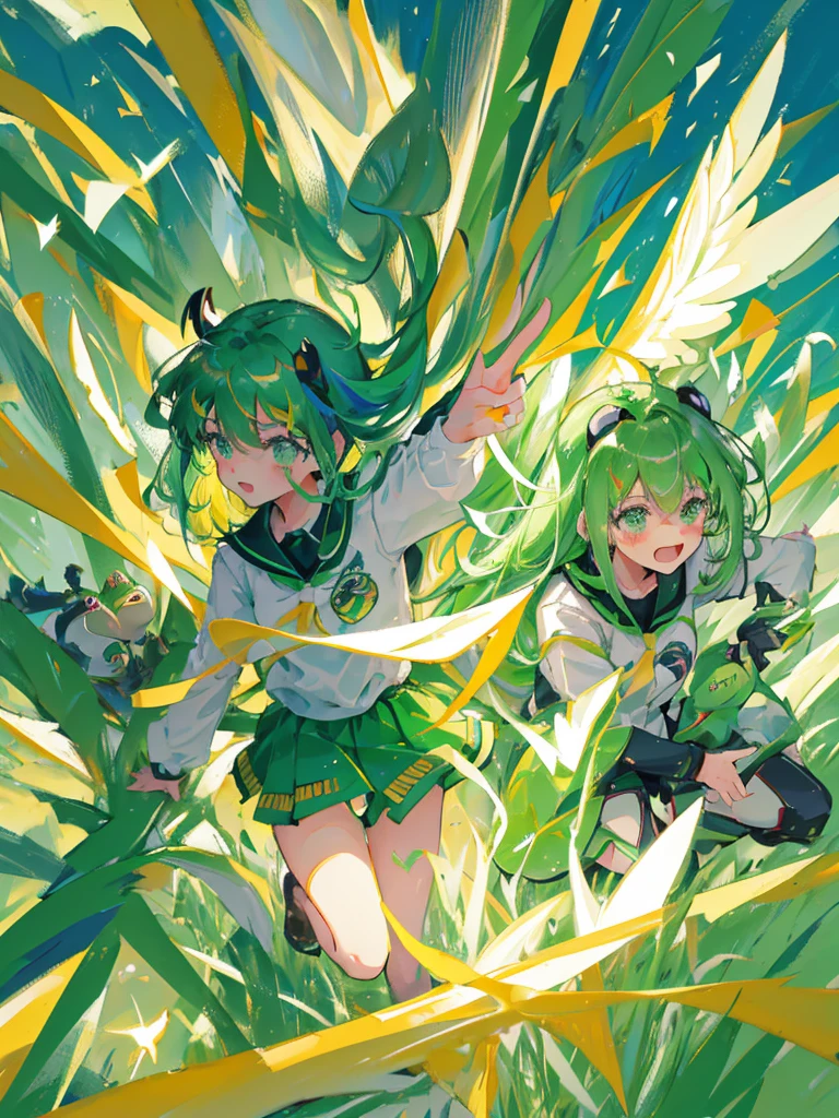 An angel girl with wings flying with green hair and the wind blowing. She is fighting with a big frog. The frog is crying. She is wearing a uniform with green and gold lines.