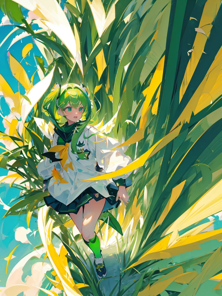 An angel girl with wings flying with green hair and the wind blowing. She is fighting with a big frog. The frog is crying. She is wearing a uniform with green and gold lines.