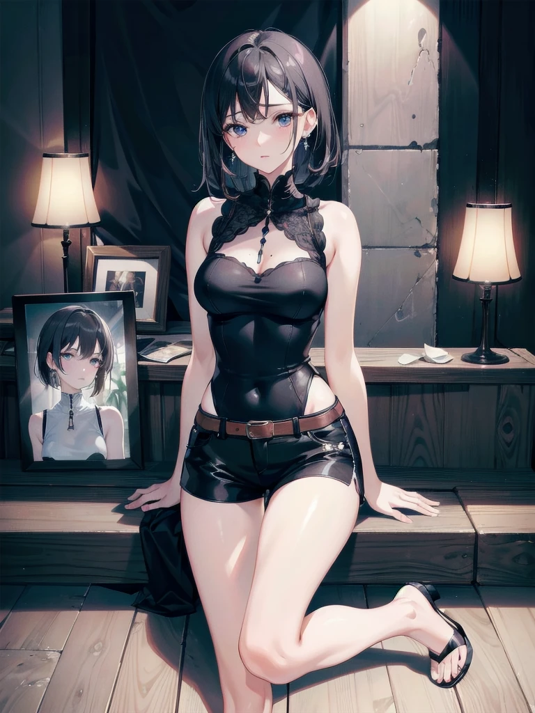 absurdres, RAW photo, extremely delicate and beautiful, masterpiece, Best Quality, ultra high resolution, 32k, hyperrealistic, ultra-detailed, in her 20s, delicate facial features, tearful mole, earring, ??????????????, full body shot, shorter middle hair, black hair, Sleeveless shirt, shorts,