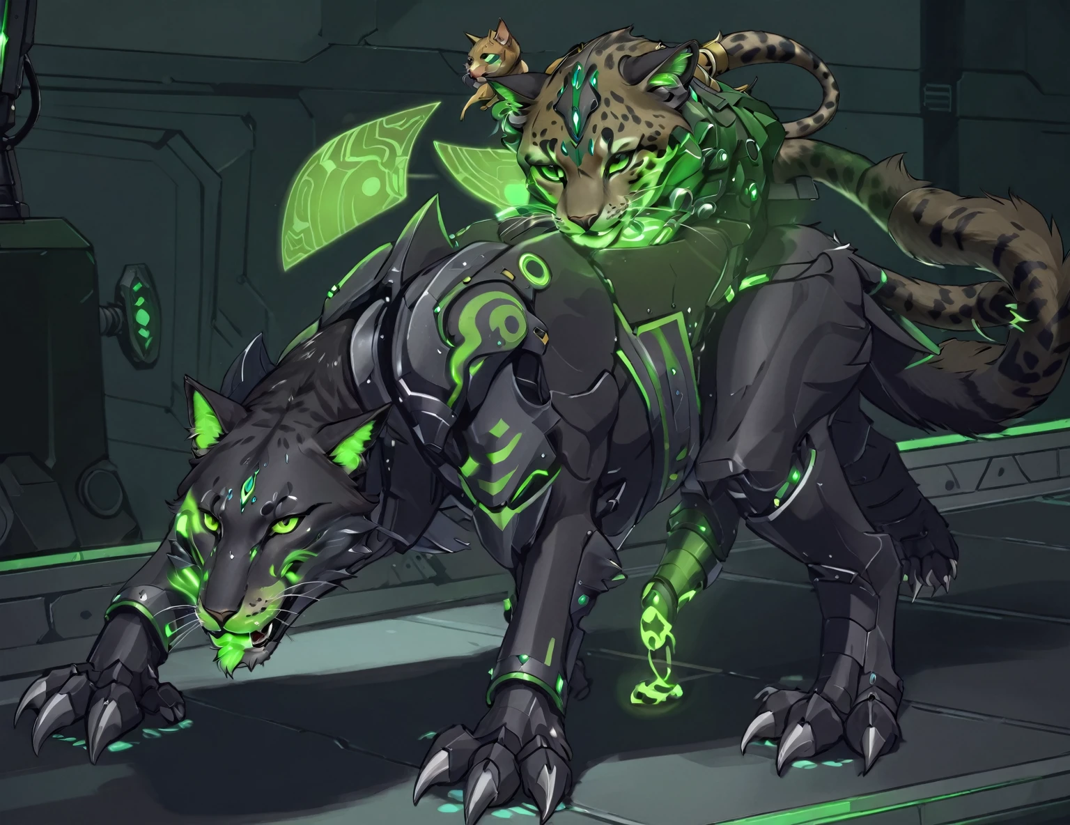 there is a cartoon picture of a cat with a green light on its face, of anthro leopard warlock, commission for high res, medical mecha canine, good boy giant mecha wolf hound, armored feline companion, warframe hound art, anthro paw pov art, warframe infested art, concept piece, by Kieran Yanner, anthro art