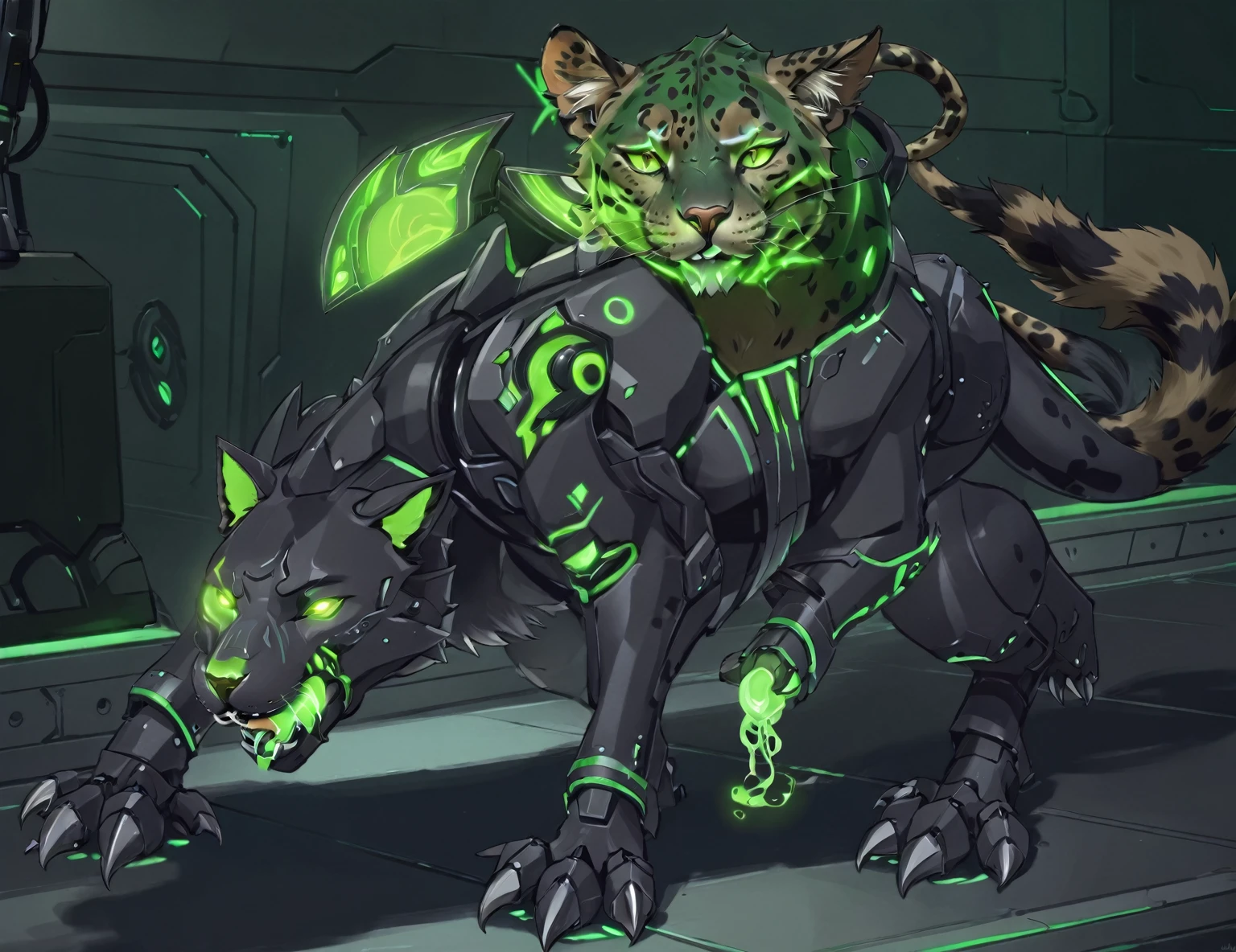 there is a cartoon picture of a cat with a green light on its face, of anthro leopard warlock, commission for high res, medical mecha canine, good boy giant mecha wolf hound, armored feline companion, warframe hound art, anthro paw pov art, warframe infested art, concept piece, by Kieran Yanner, anthro art