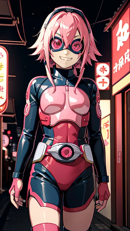 (8k),(masterpiece),(Japanese),(8--old l),((innocent look)),((Childish)),From the front,smile,cute,Innocent,Kind eyes,Flat chest, Haruno Sakura, Superhero,Kamen Rider,red helmet,red domino mask, Light pink Hair,Strong wind,night,dark, Neon light cyberpunk Konoha village