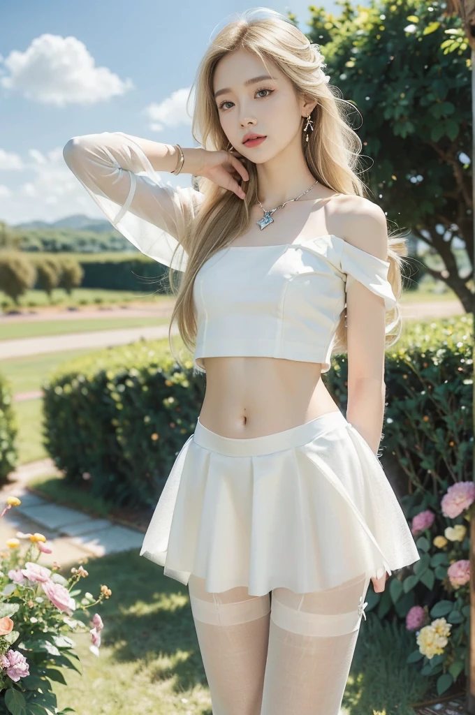 (((best quality))), (((ultra detailed))), (((masterpiece))), illustration,((1 beautiful little girl,solo,angel)),((fair skin,shoulder length straight blonde hair,blue eyes)),(earrings,crystal necklace),((slim,thin,small breasts,flat chest)),joyful expression,(white wings:1.3),(flowing short-sleeved white sheer dress:1.3),((In heaven, garden setting)), vibrant flowers,(colorful flowers:1.3),lush grass, gentle breeze, (clear sky, fluffy clouds, shining sun),((navel)),((from front,standing,upper body,arms behind back)),((pantyhose))