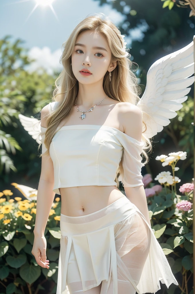 (((best quality))), (((ultra detailed))), (((masterpiece))), illustration,((1 beautiful  girl,solo,angel)),((fair skin,shoulder length straight blonde hair,blue eyes)),(earrings,crystal necklace),((slim,thin,small breasts,flat chest)),joyful expression,(white wings:1.3),(flowing short-sleeved white sheer dress:1.3),((In heaven, garden setting)), vibrant flowers,(colorful flowers:1.3),lush grass, gentle breeze, (clear sky, fluffy clouds, shining sun),((navel)),((from front,standing,upper body,arms behind back)),((pantyhose))