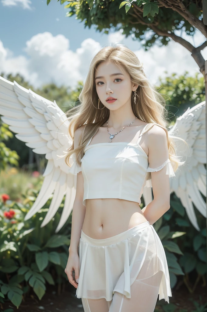 (((best quality))), (((ultra detailed))), (((masterpiece))), illustration,((1 beautiful  girl,solo,angel)),((fair skin,shoulder length straight blonde hair,blue eyes)),(earrings,crystal necklace),((slim,thin,small breasts,flat chest)),joyful expression,(white wings:1.3),(flowing short-sleeved white sheer dress:1.3),((In heaven, garden setting)), vibrant flowers,(colorful flowers:1.3),lush grass, gentle breeze, (clear sky, fluffy clouds, shining sun),((navel)),((from front,standing,upper body,arms behind back)),((pantyhose))