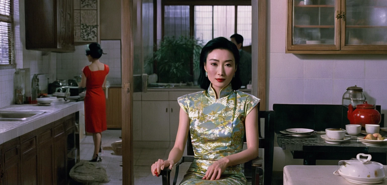 there is a woman in qipao sitting in a chair in a kitchen, looking at the camera, 1 9 8 6 movie screenshot, in the mood for love, still frame from a movie, movie screencap, screenshot from a movie, highlight scene of the movie, in style of kar wai wong, eerie david lynch cinematography, grainy 1985 cinematography, maggie cheung, art house film aesthetic