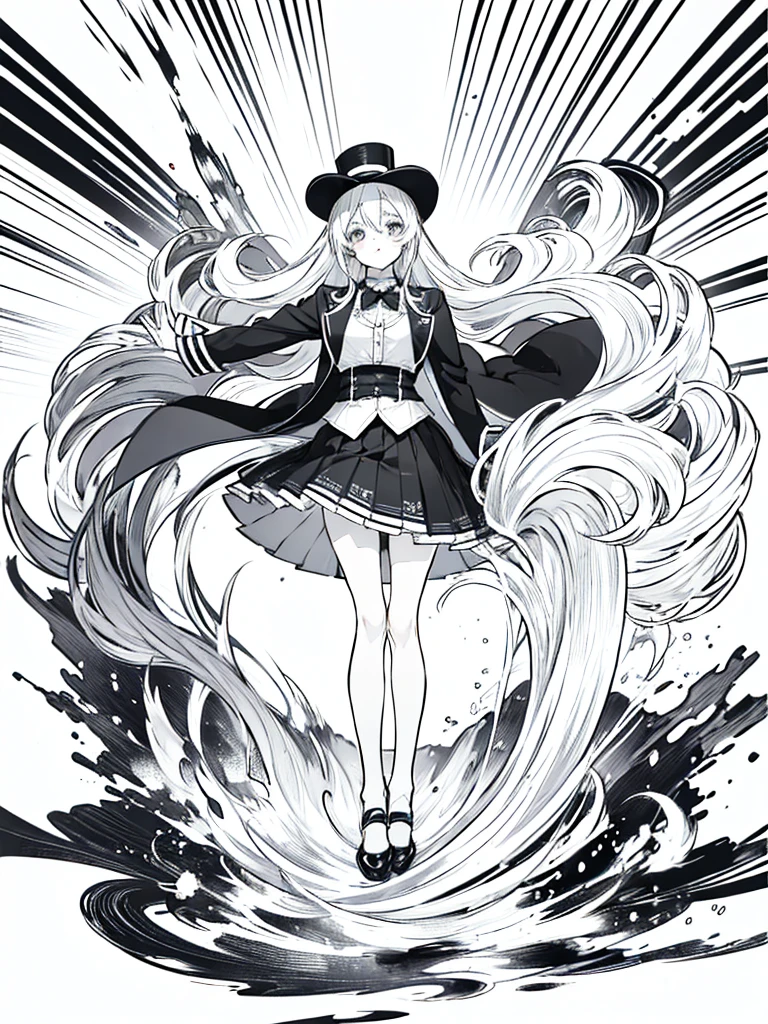 Black and white line drawing，Anime style，Long hair，1 Girl，whole body，shoe，Jacket，skirt，Korean preppy style，Top hat，No background，Character portrait，Rich details，masterpiece，Highest quality