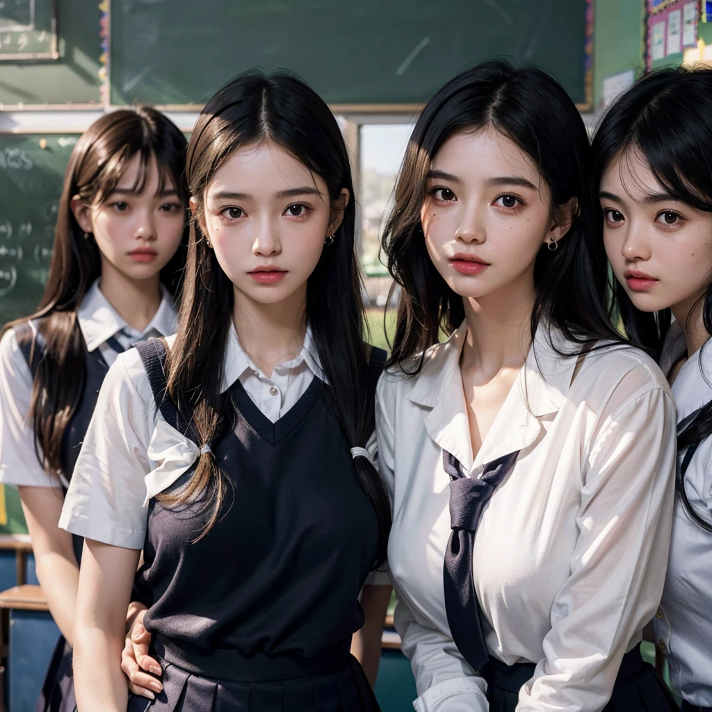 absurdres, RAW photo, extremely delicate and beautiful, masterpiece, Best Quality, ultra high resolution, 32k, hyperrealistic, ultra-detailed, in her 20s, delicate facial features, tearful mole, earring, very huge round breasts, full body shot, shorter middle hair, wavy hair, ((((school uniform)))), bedroom, ((((3 girls)))),