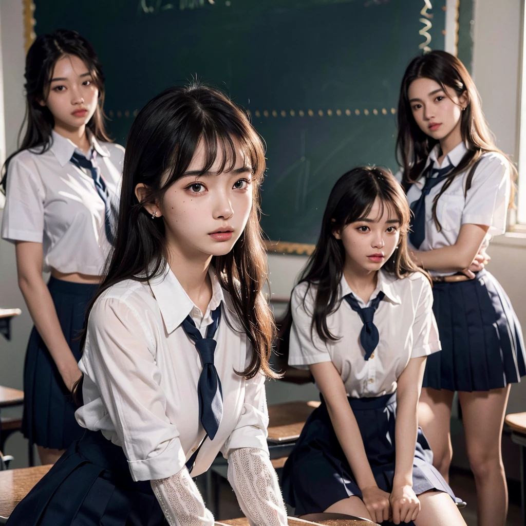absurdres, RAW photo, extremely delicate and beautiful, masterpiece, Best Quality, ultra high resolution, 32k, hyperrealistic, ultra-detailed, in her 20s, delicate facial features, tearful mole, earring, very huge round breasts, full body shot, shorter middle hair, wavy hair, ((((school uniform)))), bedroom, ((((3 girls)))),