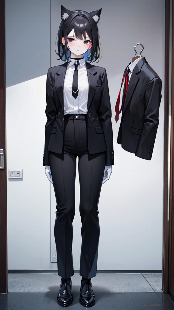 Girl with white skin. short haircut, black hair. black eyes. Long legs. Dressed in black underwear and a black translucent robe. There are a lot of notepads and surgical instruments around her.. sly facial expression.