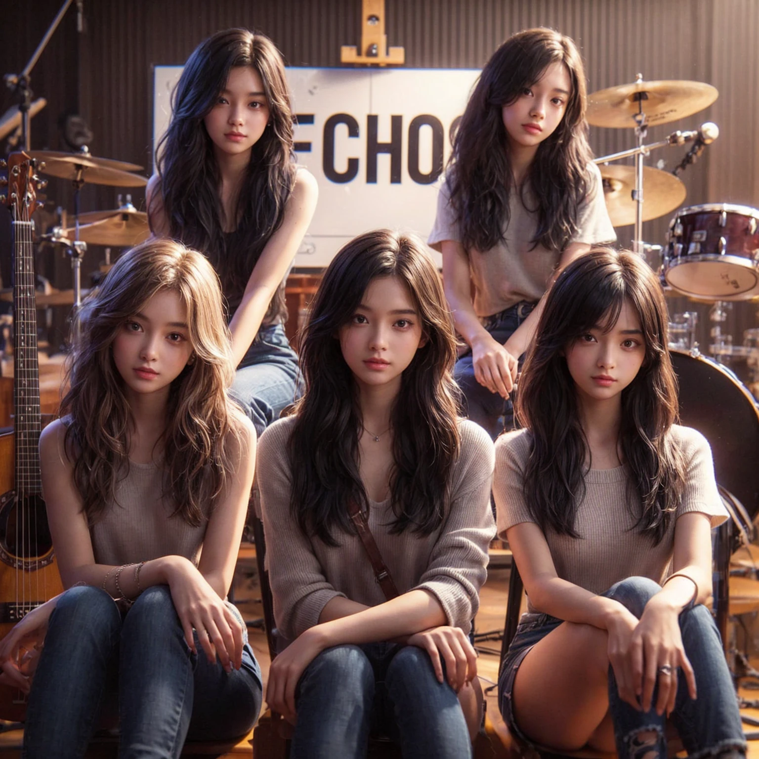 **Photo of 5 beautiful girls, aged 18 to 20, sitting:**
- **3 girls with messy black hair**
- **1 girl with wavy bob black hair**
- **1 girl with a black ponytail**
One girl is playing the drums, one girl is playing the piano, one girl is playing the bass guitar, one girl is playing the guitar, and one girl is singing. They are sitting behind a board with the word "ECHO" written on it. The background is a music studio, complete with drums, guitars, bass guitar, and piano. The image is ultra HD, 4k, photorealistic, raw, and a masterpiece.