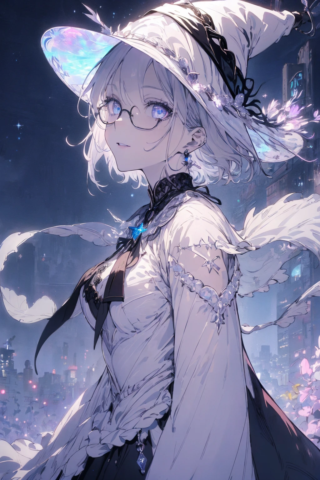 (witchcraft photo:1.1,in neon downtown:1.5), Masterpiece, best quality, (very detailed CG unity 8k wallpaper), (best quality), High definition RAW color art, Animation,sculptures, (silver Marble Skin), (((Ultra detailed elegant))), Magical atmosphere, Detailed skin, Texture,(Intricately detailed, Fine detail, ultra-detail art), depth of fields, bokeh, Silky Touch, Hyper Detail, beautiful eyes, Elegant Face, (ローブ, profile), sparkle background, (silver hair, short hair), pastel purple, fat, shorthair, dress, フリル, witchcraft hat, Round Glasse:1.4, enormous breast, リボン, kawaii smile