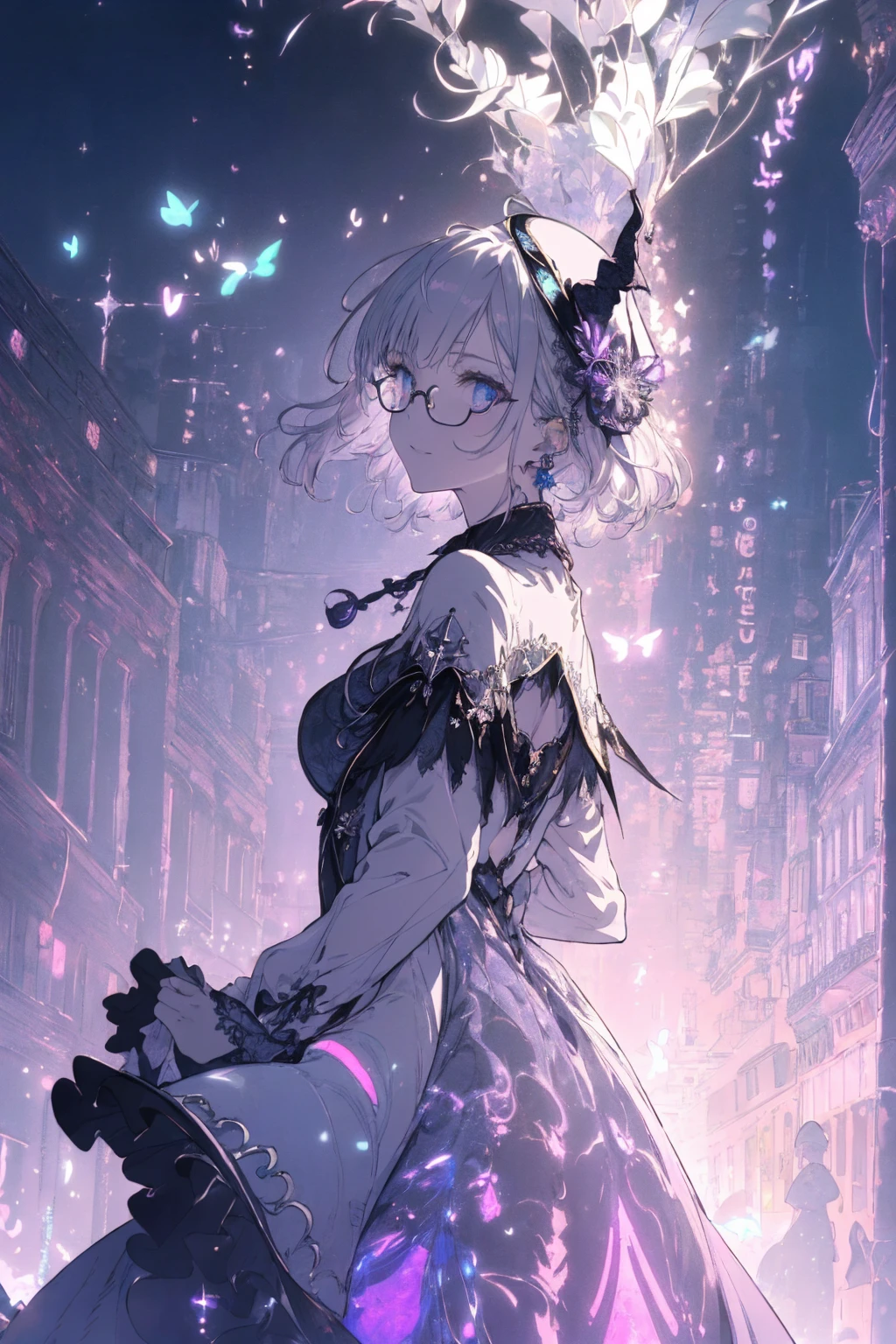 (witchcraft photo:1.1,in neon downtown:1.5), Masterpiece, best quality, (very detailed CG unity 8k wallpaper), (best quality), High definition RAW color art, Animation,sculptures, (silver Marble Skin), (((Ultra detailed elegant))), Magical atmosphere, Detailed skin, Texture,(Intricately detailed, Fine detail, ultra-detail art), depth of fields, bokeh, Silky Touch, Hyper Detail, beautiful eyes, Elegant Face, (ローブ, profile), sparkle background, (silver hair, short hair), pastel purple, fat, shorthair, dress, フリル, witchcraft hat, Round Glasse:1.4, enormous breast, リボン, kawaii smile