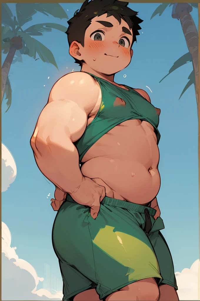 (androgynous), (boyish), chubby, (very short hair), (pudgy face), (thick), overweight, beefy, (cute), (little brat), (naughty brat), (belly button), Chubby body, Sweaty body, (Smelly body), (moobs), (ikemen), (Obese man like female breasts), (swimsuits), (sexly), (nipples)