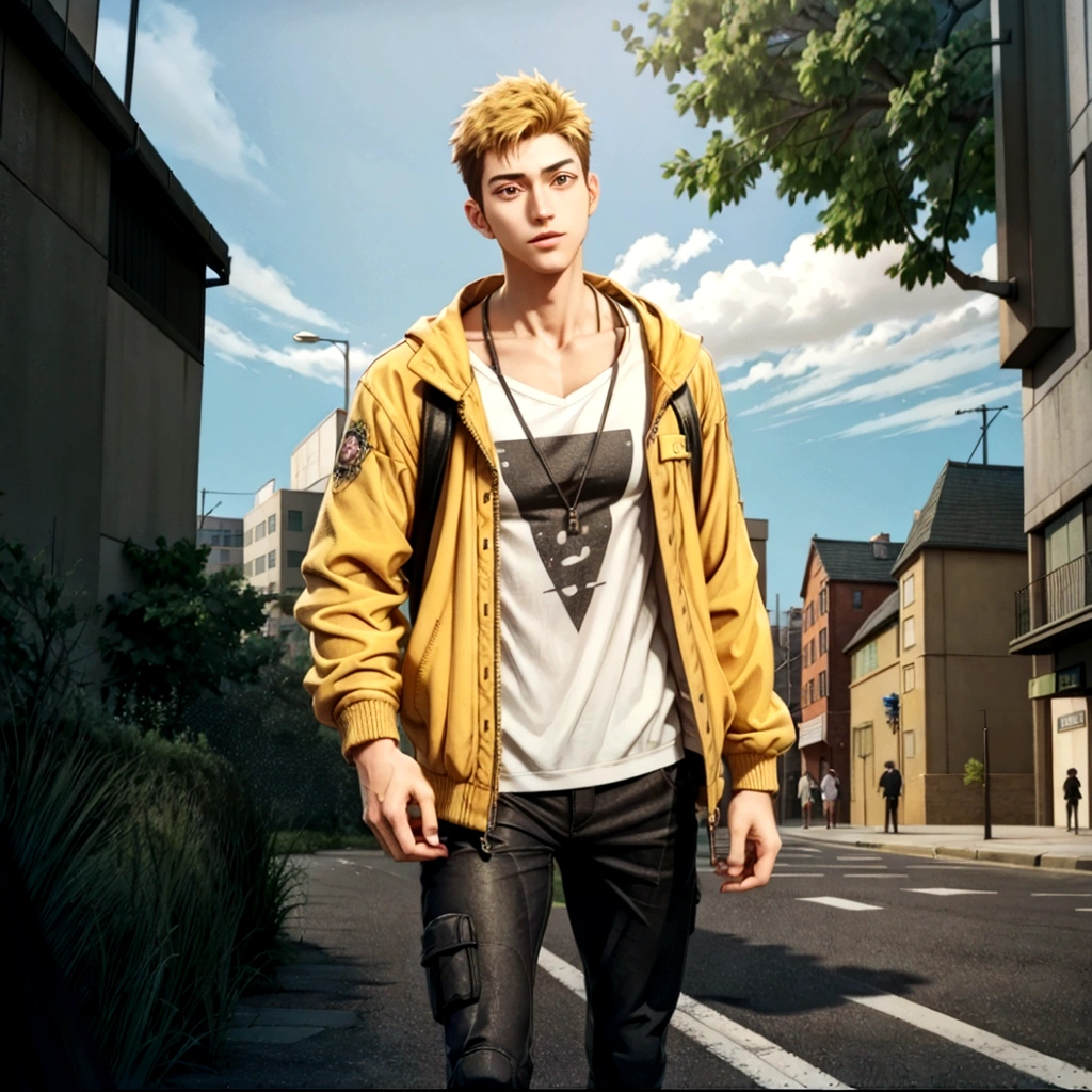 A cartoon character wearing a yellow jacket walking down a city street, Realistic Anime 3D Style, Anime Styled 3d, Anime Style. 8K, Standing in the city centre, modern Anime Style, Standing on the street, Anime Style hyper detailed, in Anime Style, Anime Style character, in an Anime Style, Realistic clothing, 3D Anime Real, semirealistic Anime Style