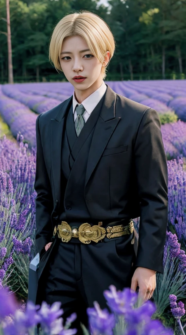 anxiety (Genshin Impact), 1 male, Blonde, Red eyes, Lavender field flowers