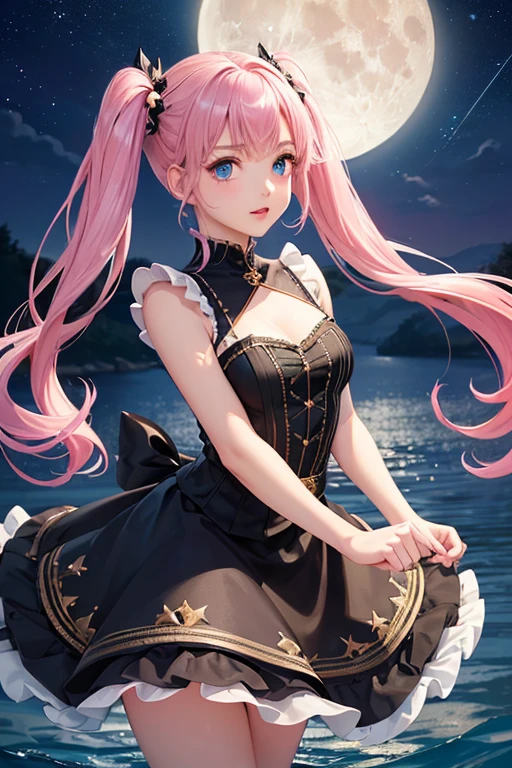 (Highest quality、Highest quality、Masterpiece、Very delicate、Very detailed、Exquisite、16K、Full HD)、(Adorable poses、Dynamic Pose)、1 female、(Black shiny gothic lolita dress、Décolleté dress、Golden embroidery、Silver embroidery、Frill mini skirt dress、Skirt in the wind、White frills)、Perfect body line、Glowing Skin、(Groomed eyebrows、Pink Lips、Blue Eyes)、(Pink Hair、Twin tails、Shiny Hair)、Dramatic lighting、(star、moon、water、star空)