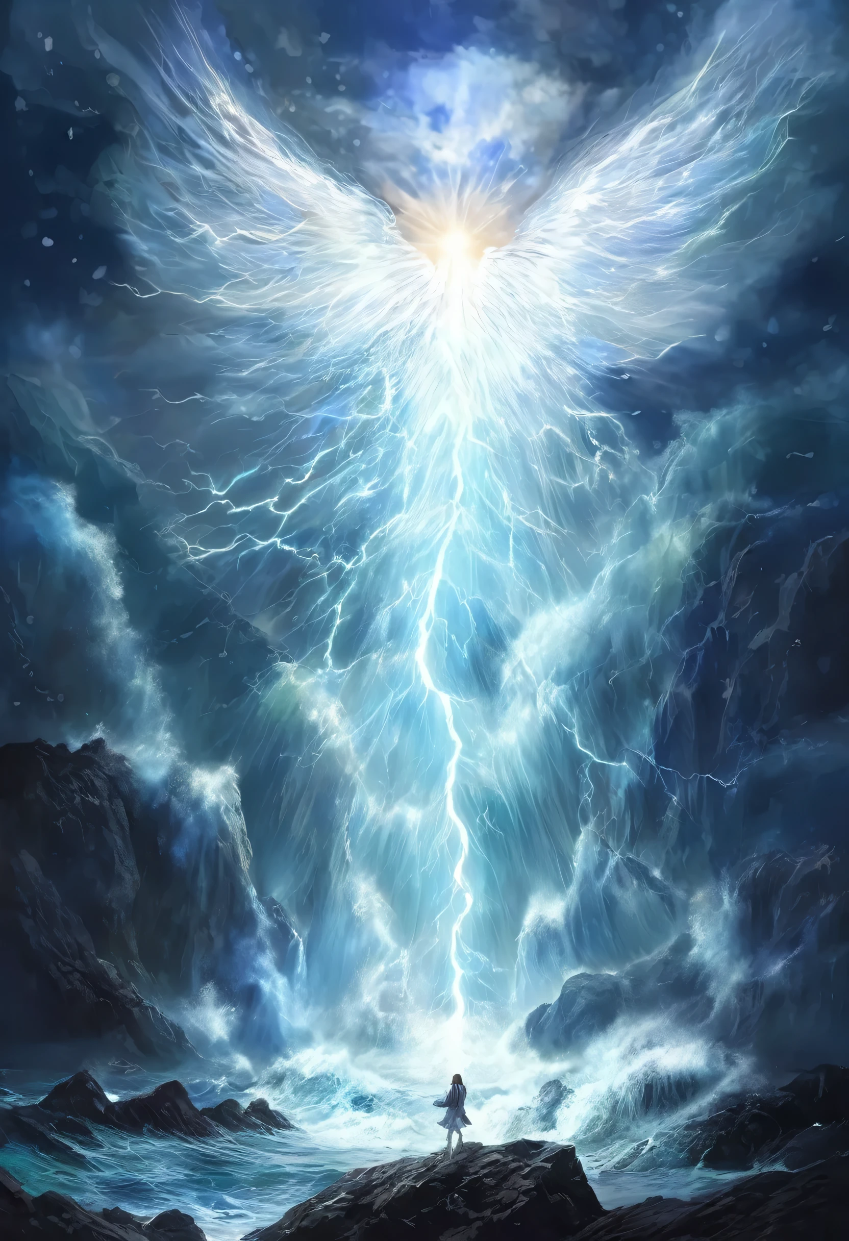 (Angel descended to the human world 1.4), A small white-winged angel in the center of the screen、切り立った崖とshortageれた海のアート、shortage々Shii Wave、wave droplets、High cliffs、rock、Bubble、Cloudy、Thundercloud、lightning、Pastel Art Style