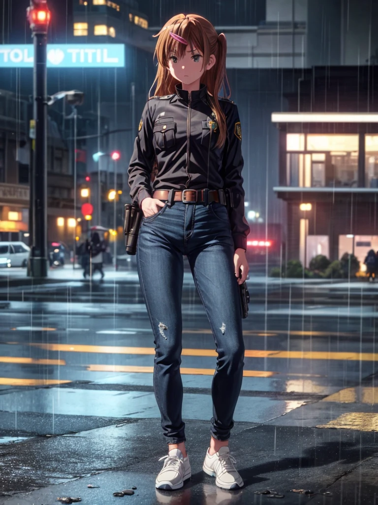 Girl, Black jacket, blue jeans pants , police station background, night, rain, small breast ,Sneakers , wet bod, In full growth, Holster with a pistol on the belt 