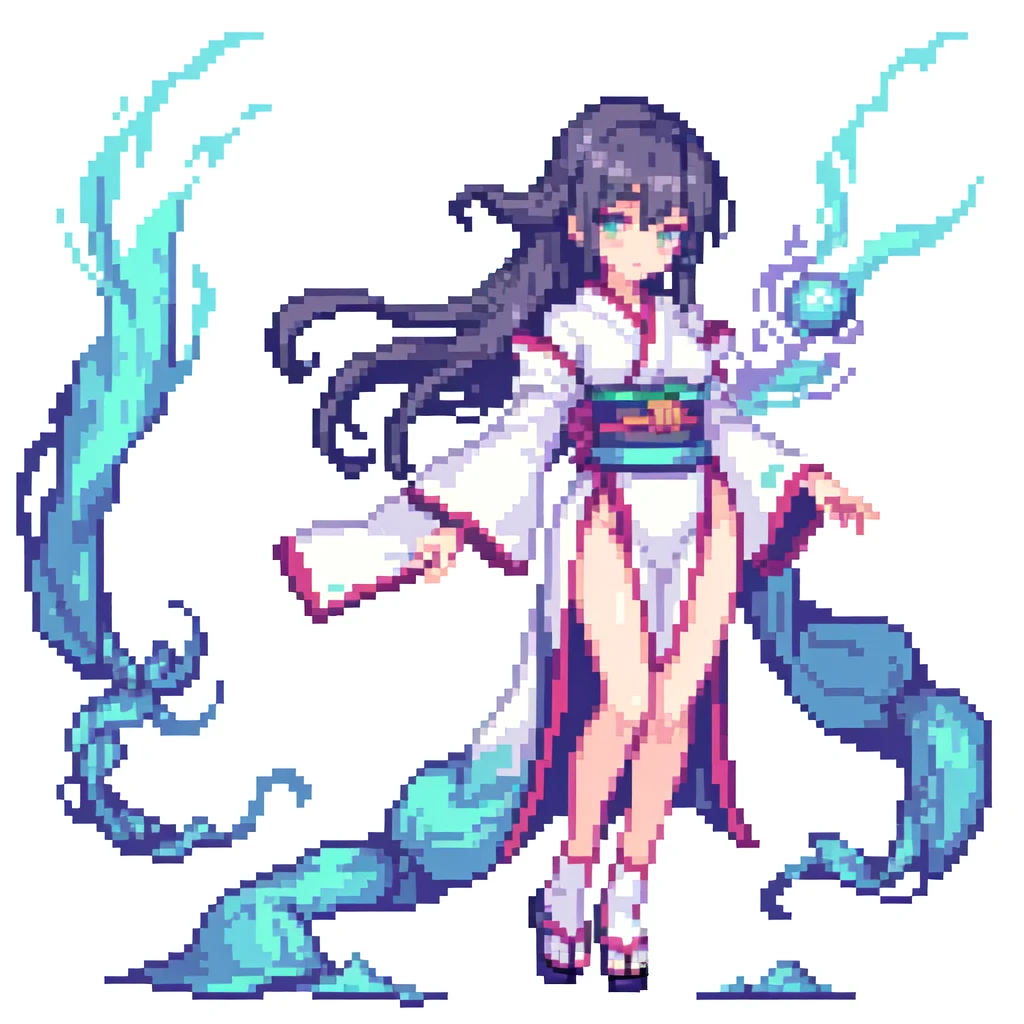 masterpiece , best quality , pixel art , 1 girl , fantasy clothes , full body , white background , Japanese style