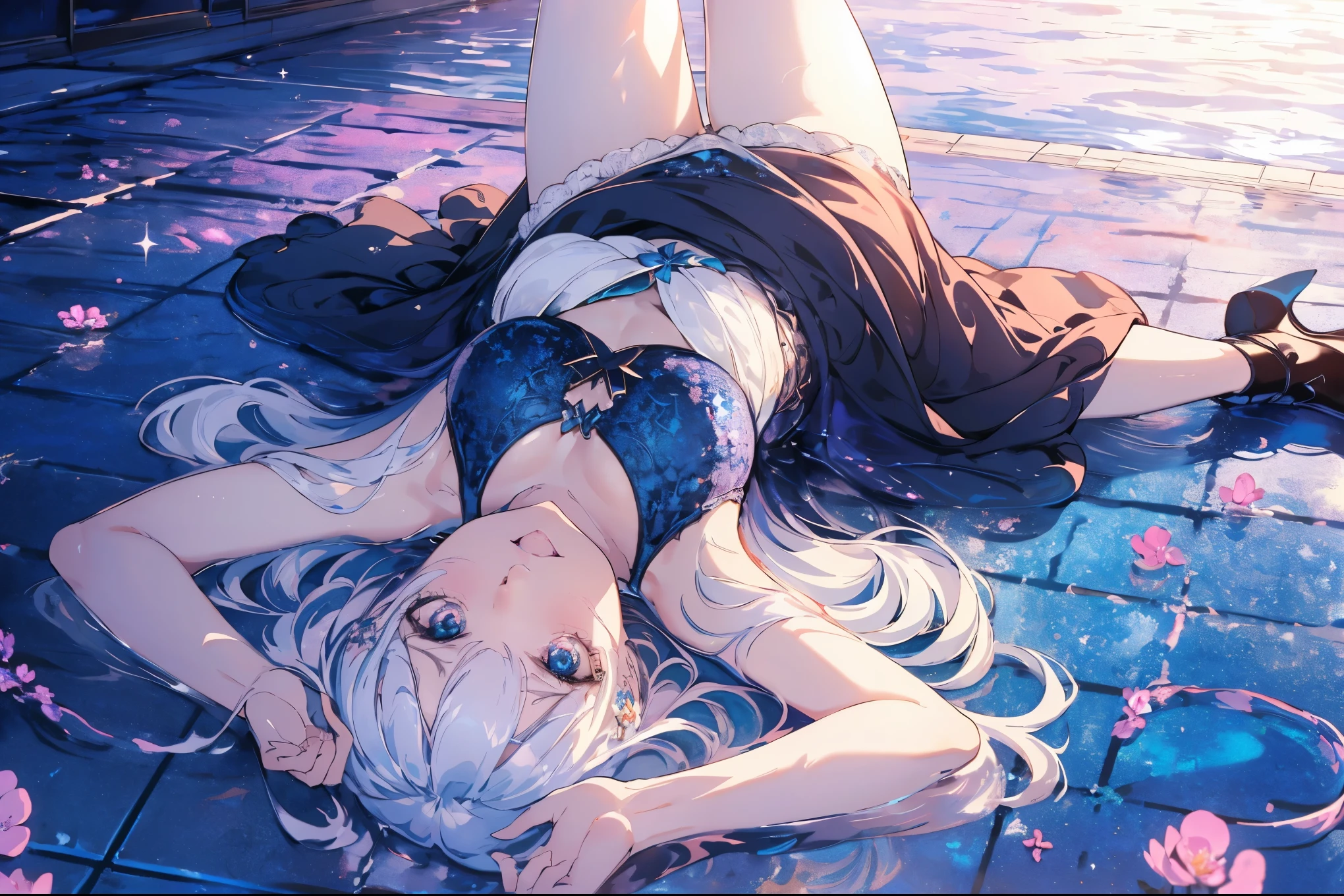 (upside-down photo:1.1, in blue marine:1.5), Masterpiece, best quality, (very detailed CG unity 8k wallpaper), (best quality), High definition RAW color art, Animation,sculptures, (pink Marble Skin), (((Ultra detailed elegant))), Magical atmosphere, Detailed skin, Texture,(Intricately detailed, Fine detail, ultra-detail art), depth of fields, bokeh, Silky Touch, Hyper Detail, beautiful eyes, Elegant Face, (lying on pool), sparkle background, (silver hair), pastel purple, fat, embarrassing red face, shorthair, dress, フリル