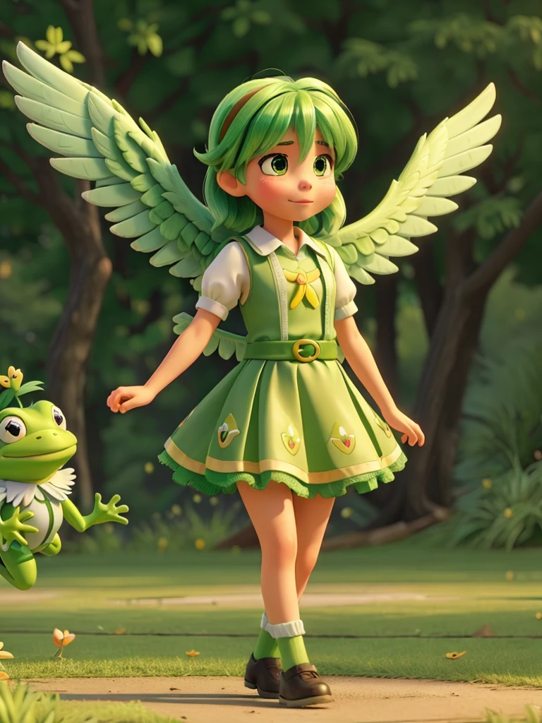 An angel girl with wings flying with green hair and the wind blowing. She is fighting with a big frog. The frog is crying. She is wearing a uniform with green and gold lines.