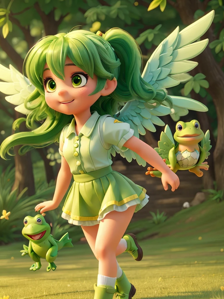 An angel girl with wings flying with green hair and the wind blowing. She is fighting with a big frog. The frog is crying. She is wearing a uniform with green and gold lines.