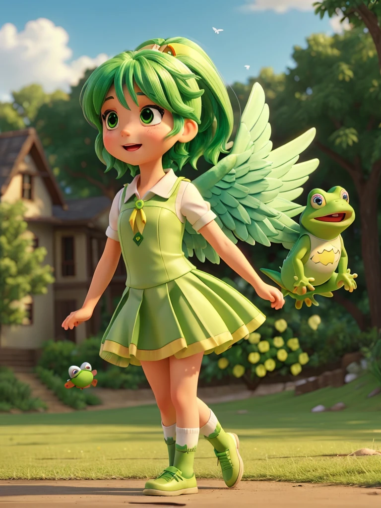 An angel girl with wings flying with green hair and the wind blowing. She is fighting with a big frog. The frog is crying. She is wearing a uniform with green and gold lines.