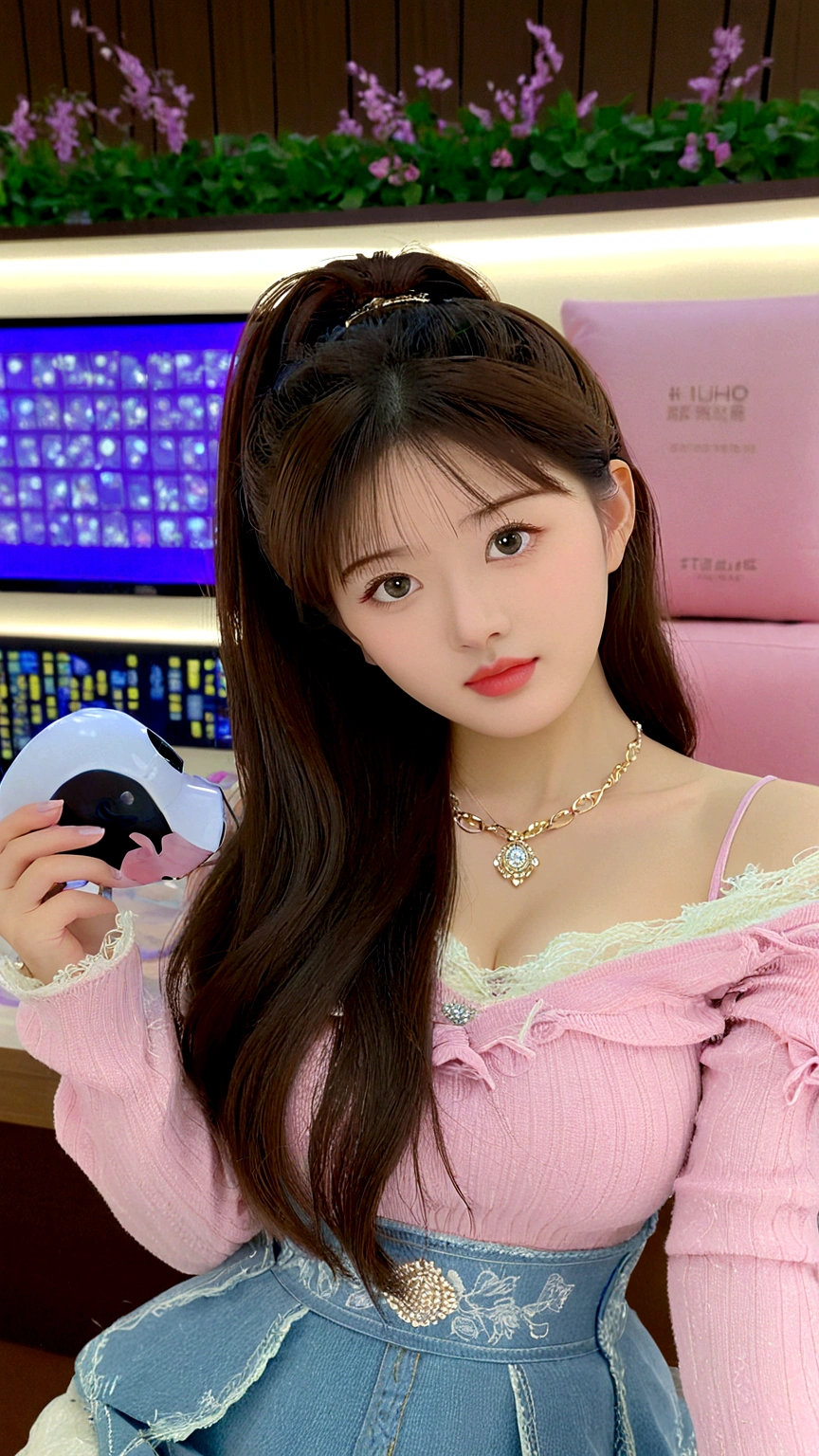extreme close-up of beautiful Chinese female, big nose, straight hair, 38 inch breasts size, necklace, bokeh background, UHD