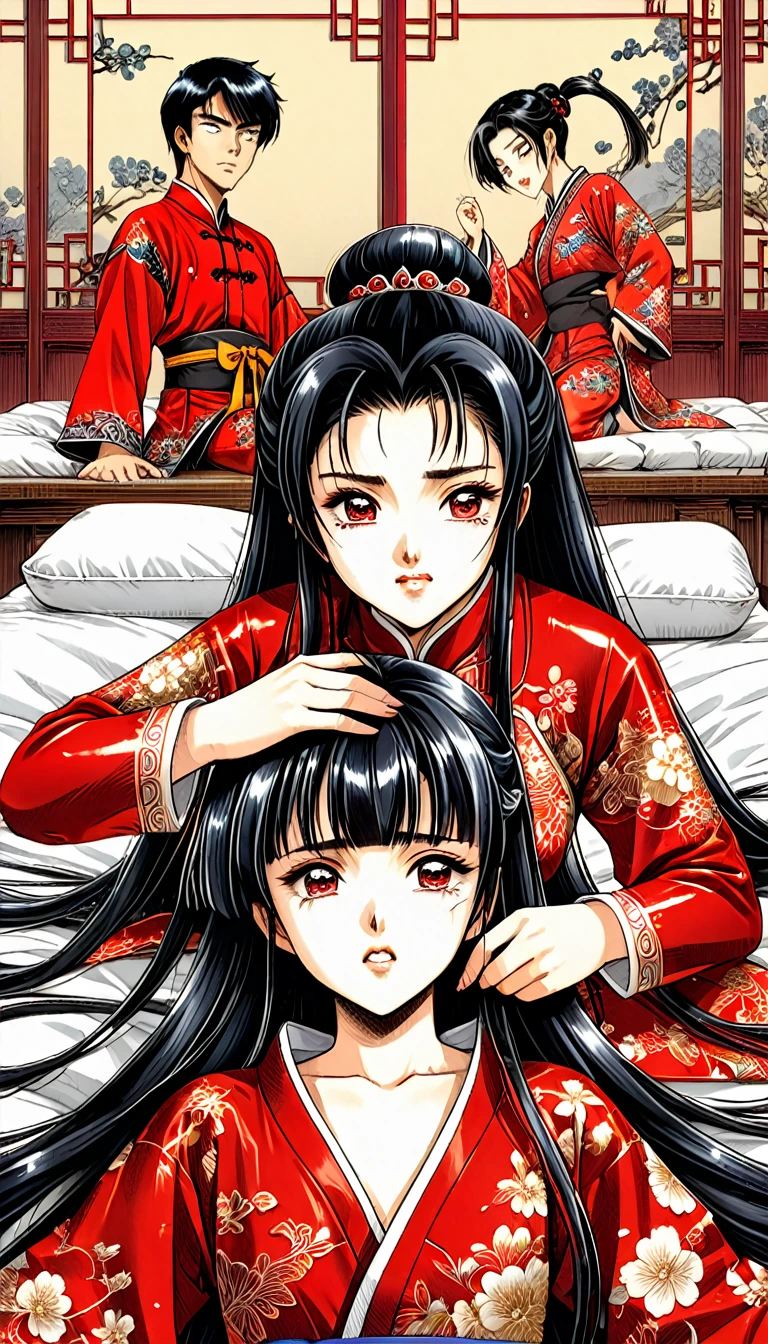 A tragic historical drama in 8k live-action style: Beautiful palace secrets　Beautiful  Chinese Kung Fu princess with long black hair is forced to wear red flower print shiny pants exposing her pussy for pooping　Gorgeous embroidery, Ultra glossy, She is wearing shiny red long sleeve floral pajamas....　　　She is lying on her back with her eyes closed and holding her stomach with her hands.