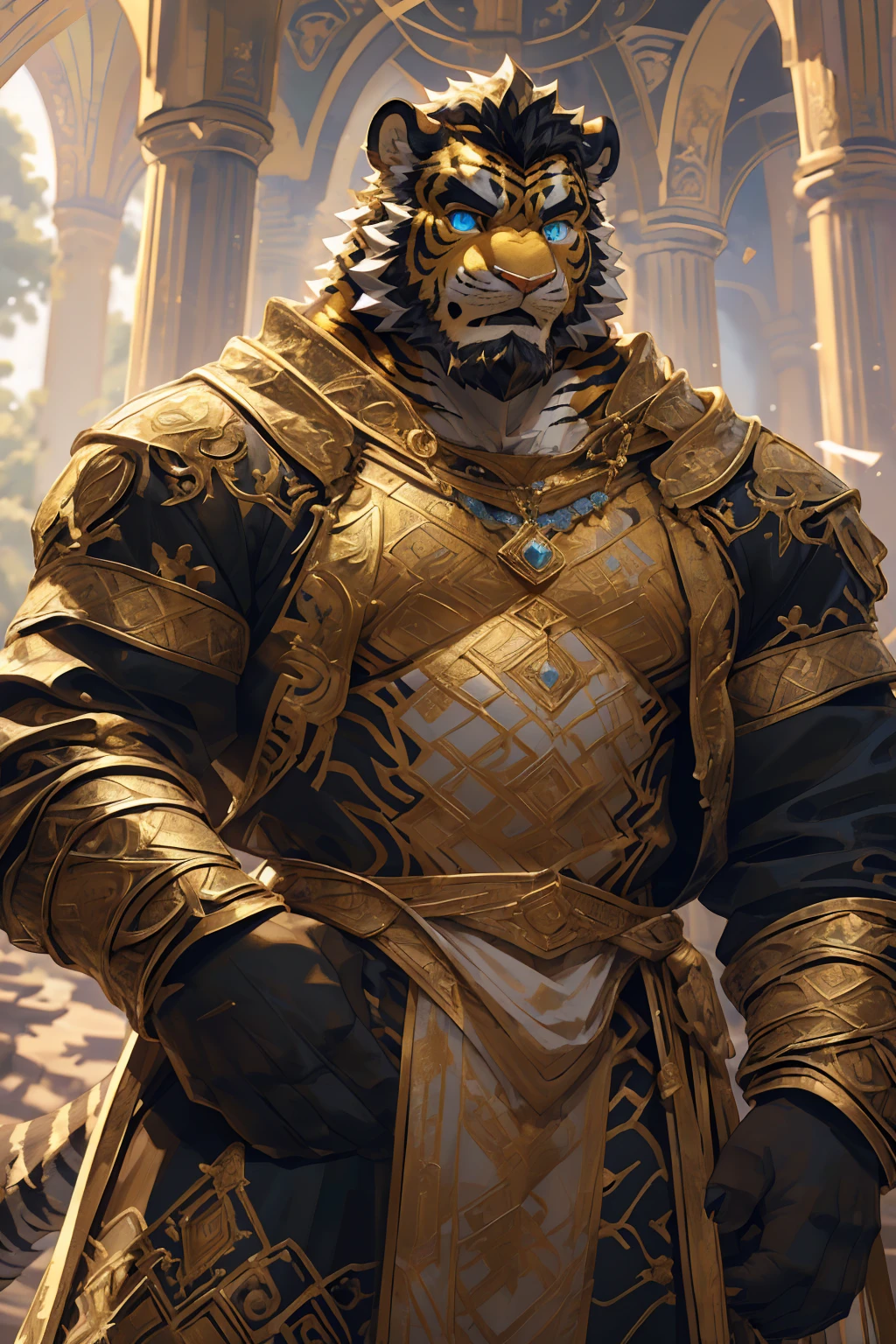 (Scarred body),(Wearing a black robe embroidered with gold patterns:1.5),king,16k high quality detailed art,(Wearing royal accessories:1),(Golden Tiger:1.1), (((White and golden fur:1.5))),(Duotone),(A pair of eyes of different colors, One eye has a golden eye，The other eye has a blue eye:1.7),Both eyes are the same size:1.4),(Muscular body:1.3),Handsome,(OK),(Perfect face),(Exhausted:1.1),(Gold and white skin:1.3),(Full body description:1.3),Publaz, (Golden Tiger:1.1), (((Gold and white fur:1.3))),Handsome, (OK),Express,(Royal Palace Background),(Frightened expressions:1.3),(Golden Tiger tail),不同的Express,(A perfect masterpiece),(32k),(Abdominal muscles:1.3),(((middle aged:1.4))),(36 years old),(Gold Stripes),alone,(Black sideburns:1.2),(black beard:1.3),(Black Chin:1.3),(golden face pattern:1),(Very rich facial details:1.3),(Strong),(Mighty pose:1.3),Front view,(CG),(HD),(Black hair),Clothes are messy,Full body portrait,(Detailed background:1.3)