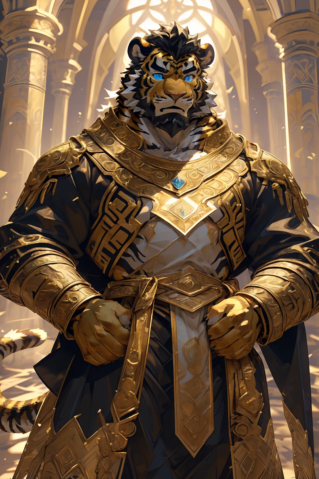 (Scarred body),(Wearing a black robe embroidered with gold patterns:1.5),king,16k high quality detailed art,(Wearing royal accessories:1),(Golden Tiger:1.1), (((White and golden fur:1.5))),(Duotone),(A pair of eyes of different colors, One eye has a golden eye，The other eye has a blue eye:1.7),Both eyes are the same size:1.4),(Muscular body:1.3),Handsome,(OK),(Perfect face),(Exhausted:1.1),(Gold and white skin:1.3),(Full body description:1.3),Publaz, (Golden Tiger:1.1), (((Gold and white fur:1.3))),Handsome, (OK),Express,(Royal Palace Background),(Frightened expressions:1.3),(Golden Tiger tail),不同的Express,(A perfect masterpiece),(32k),(Abdominal muscles:1.3),(((middle aged:1.4))),(36 years old),(Gold Stripes),alone,(Black sideburns:1.2),(black beard:1.3),(Black Chin:1.3),(golden face pattern:1),(Very rich facial details:1.3),(Strong),(Mighty pose:1.3),Front view,(CG),(HD),(Black hair),Clothes are messy,Full body portrait,(Detailed background:1.3)